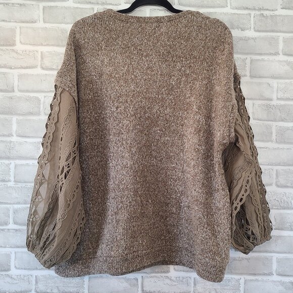 Gimmicks by BKE Wool Blend Sweater Eyelet Lace Arms Brown Boho Romantic Medium - Picture 2 of 8